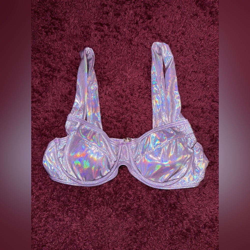 2000s Y2K Rainbow Silver Holographic Sexy Rave Bikini Top